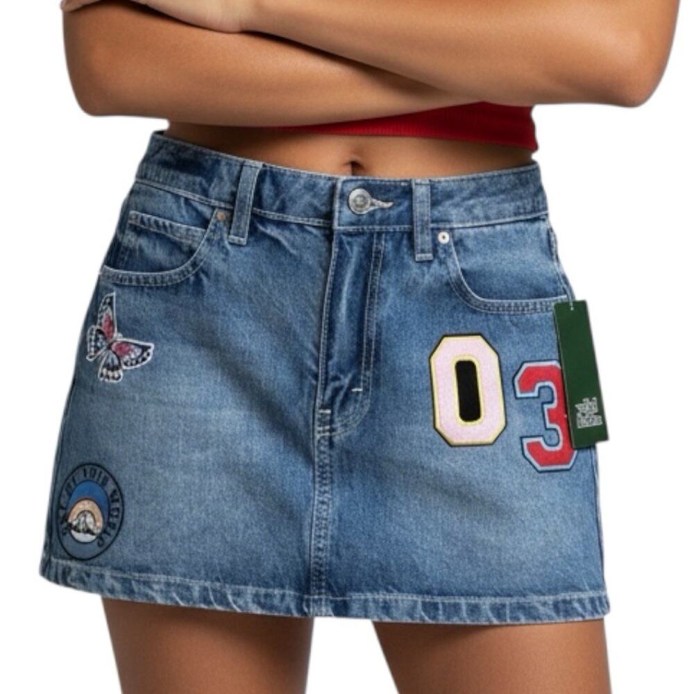 Wild Fable Denim Women’sMini Skirt Size 2 Blue‎ Patch Butterfly Y2K Festival Cut